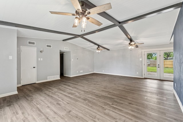 723 Westover Dr, Richardson, TX 75080 - unfurnished living room with a ceiling fan, baseboards, wood finished floors, and french doors