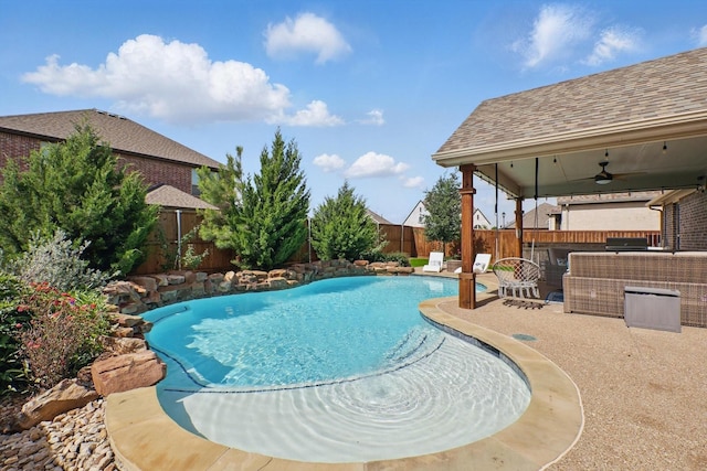 1837 Sebright Trl, Fort Worth, TX 76052 - view of swimming pool featuring a fenced backyard, a ceiling fan, and a patio