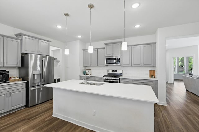 1837 Sebright Trl, Fort Worth, TX 76052 - kitchen featuring stainless steel appliances, a sink, gray cabinetry, decorative backsplash, and dark wood-type flooring