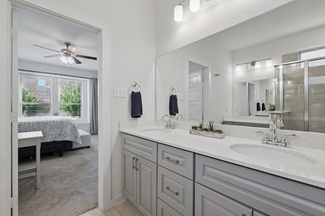 1837 Sebright Trl, Fort Worth, TX 76052 - ensuite bathroom featuring a stall shower, ceiling fan, and double vanity