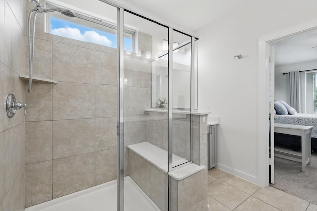 1837 Sebright Trl, Fort Worth, TX 76052 - ensuite bathroom featuring a stall shower, tile patterned floors, vanity, and baseboards