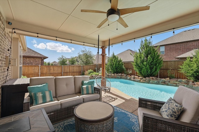 1837 Sebright Trl, Fort Worth, TX 76052 - view of pool featuring an outdoor living space, a fenced backyard, ceiling fan, and a patio