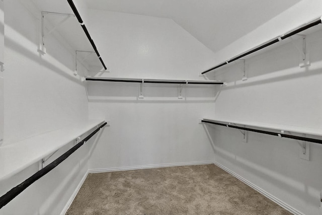 walk in closet with carpet flooring and vaulted ceiling