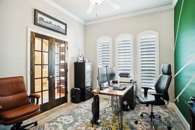 1456 Silent Springs Dr, Fort Worth, TX 76052 - office space featuring french doors, ornamental molding, wood finished floors, a ceiling fan, and baseboards