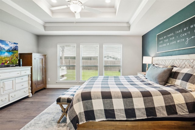 1456 Silent Springs Dr, Fort Worth, TX 76052 - bedroom featuring wood finished floors, crown molding, a raised ceiling, recessed lighting, and a ceiling fan