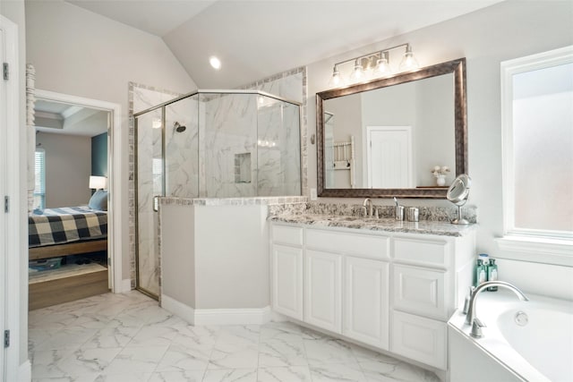 1456 Silent Springs Dr, Fort Worth, TX 76052 - ensuite bathroom featuring marble finish flooring, a marble finish shower, vanity, a bath, and lofted ceiling