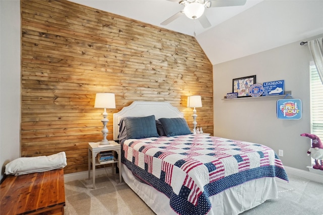 1456 Silent Springs Dr, Fort Worth, TX 76052 - carpeted bedroom with wood walls, baseboards, ceiling fan, and vaulted ceiling
