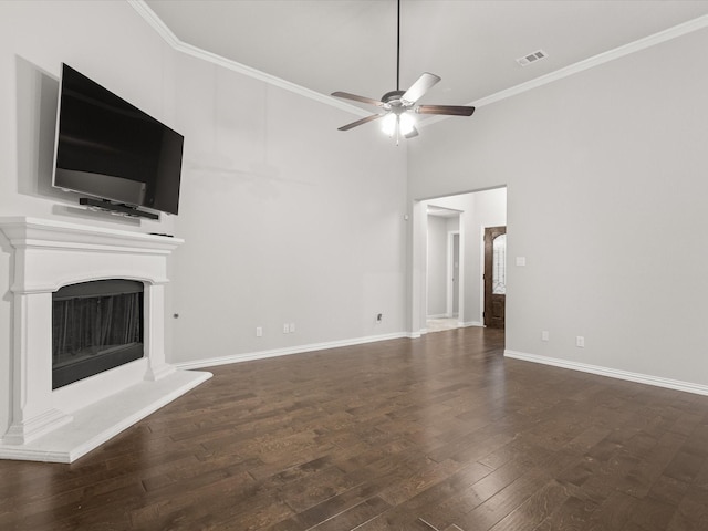 1713 Victoria Dr, Fort Worth, TX 76131 - unfurnished living room featuring ornamental molding, ceiling fan, wood finished floors, a fireplace with raised hearth, and baseboards