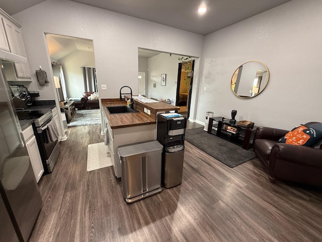 1253 E Ramsey Ave, Fort Worth, TX 76104 - kitchen with wood counters, a sink, electric stove, dark wood-style floors, and lofted ceiling