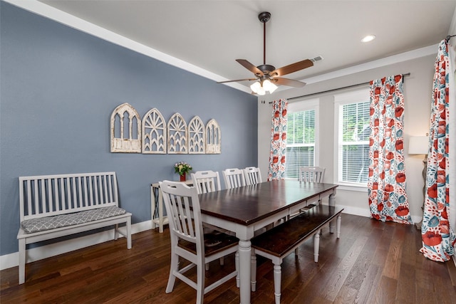 dining area with wood finished floors, baseboards, ceiling fan, and recessed lighting