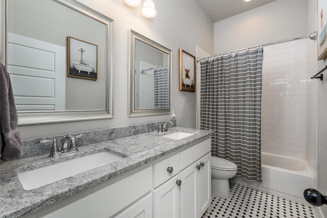 full bath featuring toilet, double vanity, shower / tub combo with curtain, and tile patterned flooring