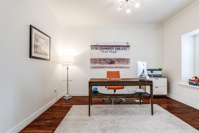 7333 Valencia Grove Ct, Fort Worth, TX 76132 - home office with wood finished floors, crown molding, baseboards, and a chandelier