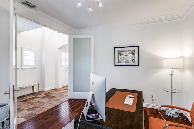 7333 Valencia Grove Ct, Fort Worth, TX 76132 - office area with arched walkways, hardwood / wood-style floors, ornamental molding, and baseboards