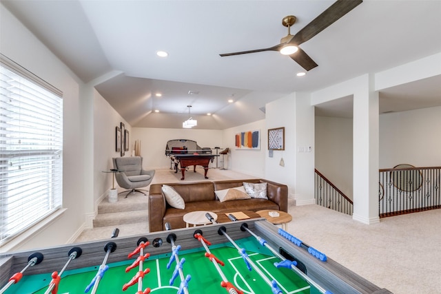 7333 Valencia Grove Ct, Fort Worth, TX 76132 - game room featuring healthy amount of natural light, pool table, carpet, a ceiling fan, and vaulted ceiling