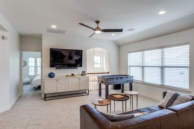 7333 Valencia Grove Ct, Fort Worth, TX 76132 - carpeted living room featuring a ceiling fan, baseboards, recessed lighting, arched walkways, and vaulted ceiling