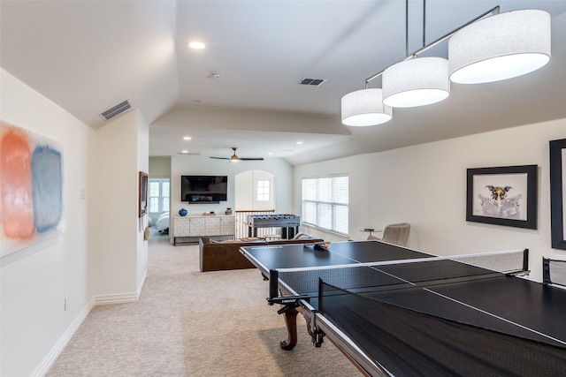 7333 Valencia Grove Ct, Fort Worth, TX 76132 - playroom featuring lofted ceiling, carpet flooring, a ceiling fan, baseboards, and recessed lighting