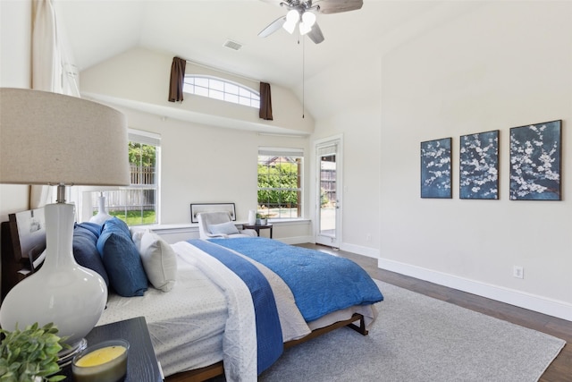 509 Wentworth Ln, Murphy, TX 75094 - bedroom with vaulted ceiling, dark wood-style flooring, baseboards, and ceiling fan
