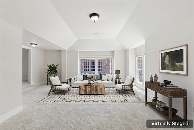 509 Wentworth Ln, Murphy, TX 75094 - living area featuring carpet, healthy amount of natural light, vaulted ceiling, and baseboards
