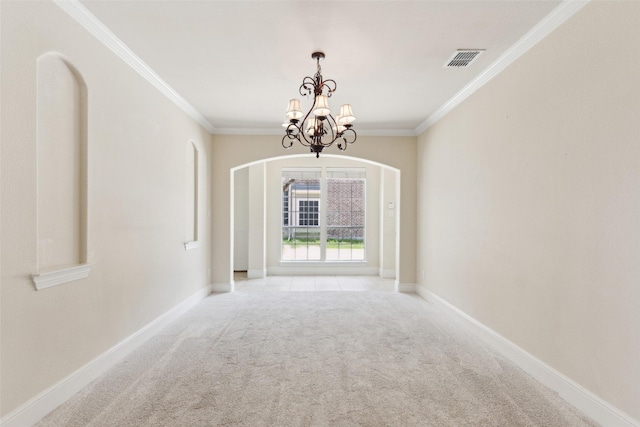 509 Wentworth Ln, Murphy, TX 75094 - empty room featuring light colored carpet, a chandelier, crown molding, arched walkways, and baseboards