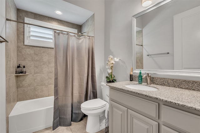 175 Calla Dr, Flower Mound, TX 75028 - bathroom featuring toilet, vanity, shower / bathtub combination with curtain, and tile patterned flooring