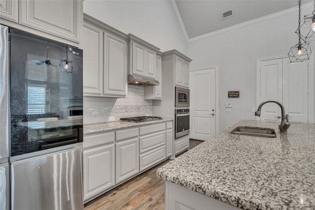 175 Calla Dr, Flower Mound, TX 75028 - kitchen with appliances with stainless steel finishes, a sink, ornamental molding, decorative backsplash, and under cabinet range hood