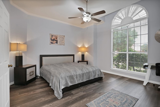 10108 Morning Glory Ln, Frisco, TX 75035 - bedroom featuring baseboards, wood finished floors, a ceiling fan, and ornamental molding