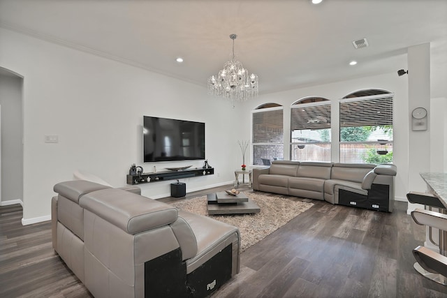 10108 Morning Glory Ln, Frisco, TX 75035 - living area featuring a chandelier, baseboards, dark wood-style flooring, recessed lighting, and arched walkways