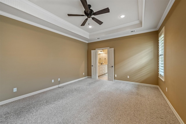 5524 Hollytree, Tyler, TX 75703 - empty room featuring ceiling fan, a raised ceiling, recessed lighting, carpet, and ornamental molding