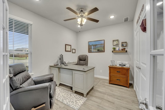 208 Beechcraft Ct, Caddo Mills, TX 75135 - office space featuring ceiling fan, light wood-style flooring, baseboards, and recessed lighting