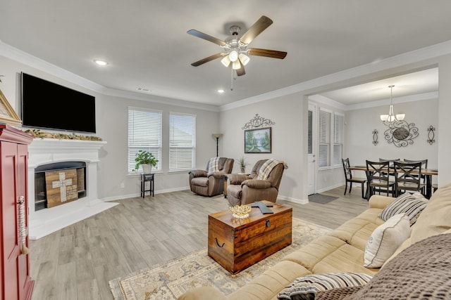 208 Beechcraft Ct, Caddo Mills, TX 75135 - living room featuring ceiling fan, wood finished floors, recessed lighting, a fireplace with raised hearth, and baseboards