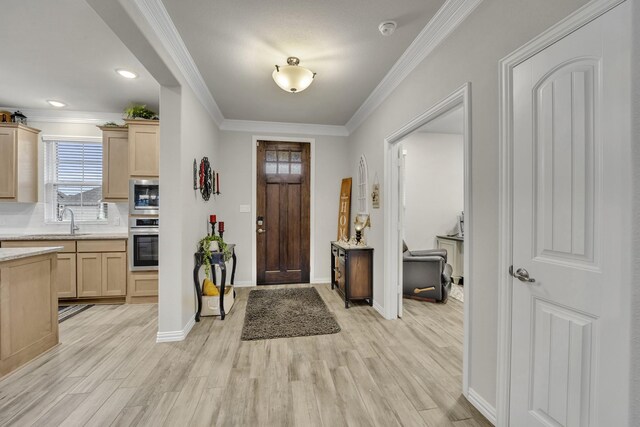 208 Beechcraft Ct, Caddo Mills, TX 75135 - foyer featuring light wood-style floors, ornamental molding, baseboards, and recessed lighting