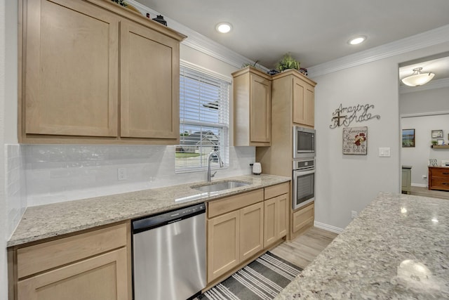208 Beechcraft Ct, Caddo Mills, TX 75135 - kitchen featuring stainless steel appliances, a sink, light brown cabinets, tasteful backsplash, and ornamental molding
