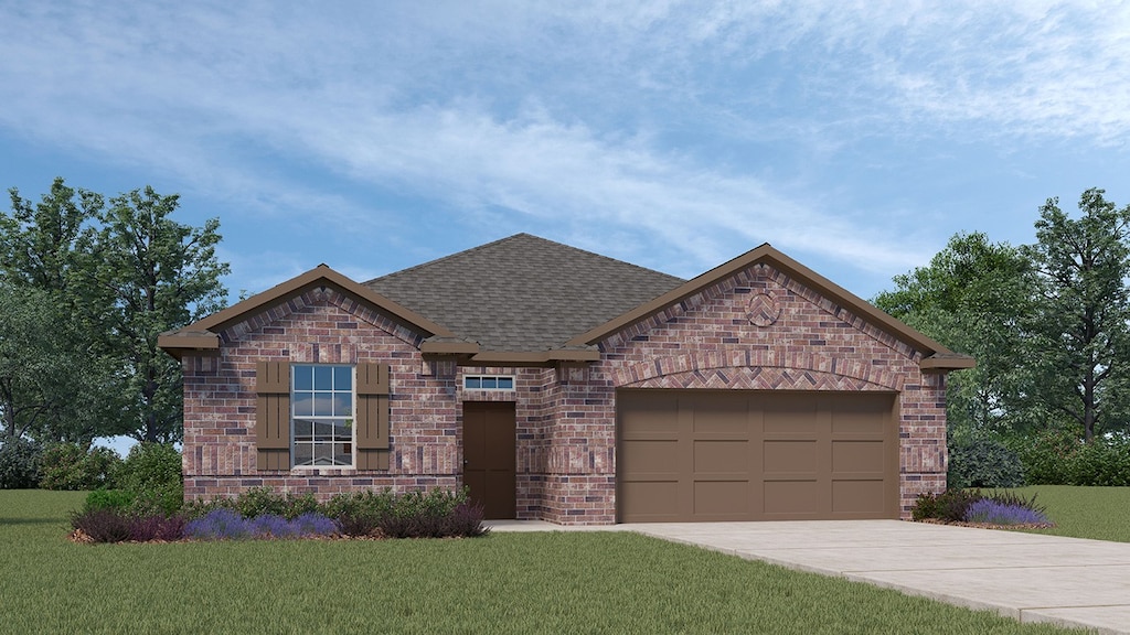view of front of property with brick siding, concrete driveway, an attached garage, a front lawn, and roof with shingles