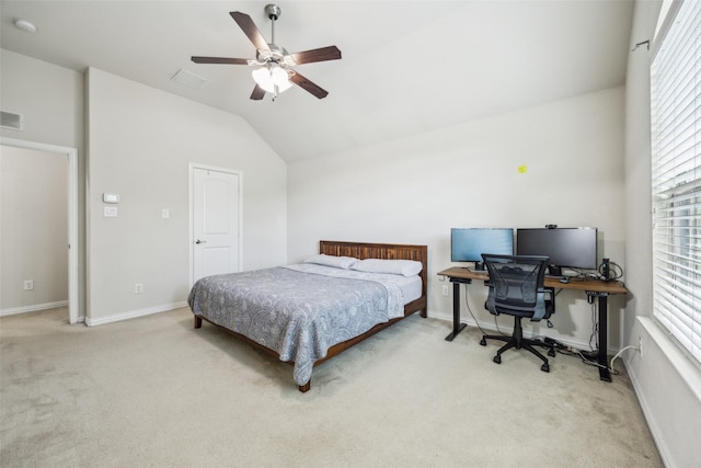 6552 Federal Hall St, Plano, TX 75023 - bedroom with light carpet, vaulted ceiling, an office area, baseboards, and ceiling fan
