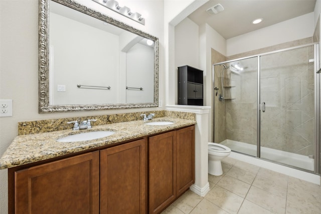 6552 Federal Hall St, Plano, TX 75023 - bathroom featuring a stall shower, tile patterned floors, toilet, and double vanity