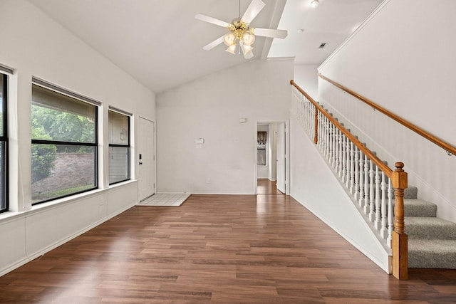 1120 Forest Creek St, Benbrook, TX 76126 - unfurnished living room with wood finished floors, ceiling fan, high vaulted ceiling, and stairway