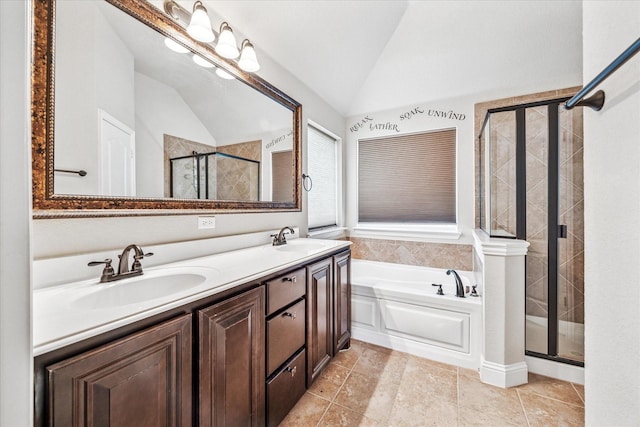 5013 Spruce, Krum, TX 76249 - full bath featuring vaulted ceiling, a stall shower, a garden tub, and double vanity