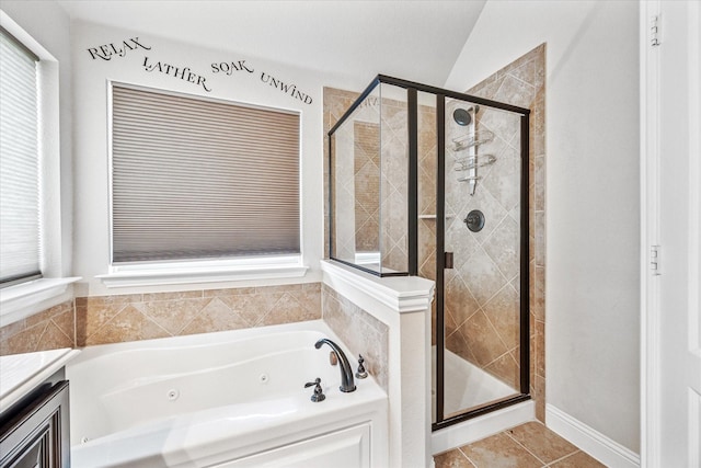 5013 Spruce, Krum, TX 76249 - bathroom featuring a shower stall, a whirlpool tub, tile patterned flooring, and vanity