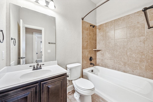 5013 Spruce, Krum, TX 76249 - bathroom with a textured wall, toilet, tub / shower combination, and vanity