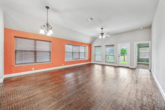 5013 Spruce, Krum, TX 76249 - carpeted spare room with vaulted ceiling, a ceiling fan, a chandelier, and baseboards