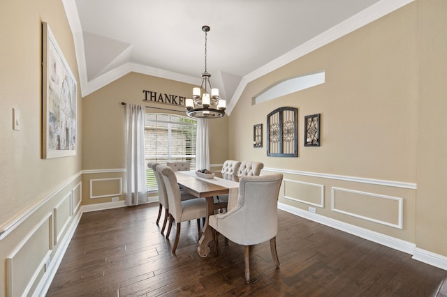 1820 Lacey Oak Ln, Keller, TX 76248 - dining space with a chandelier, a decorative wall, dark wood finished floors, wainscoting, and crown molding