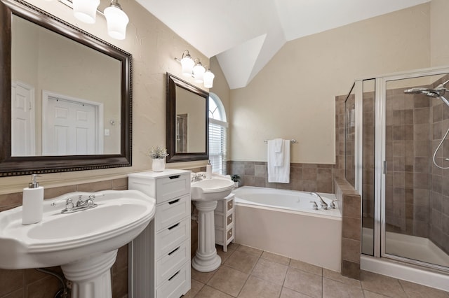 1820 Lacey Oak Ln, Keller, TX 76248 - bathroom featuring tile patterned flooring, a stall shower, lofted ceiling, a garden tub, and two sinks