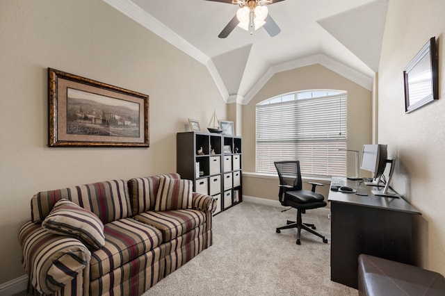 1820 Lacey Oak Ln, Keller, TX 76248 - office with light colored carpet, healthy amount of natural light, a ceiling fan, vaulted ceiling, and baseboards
