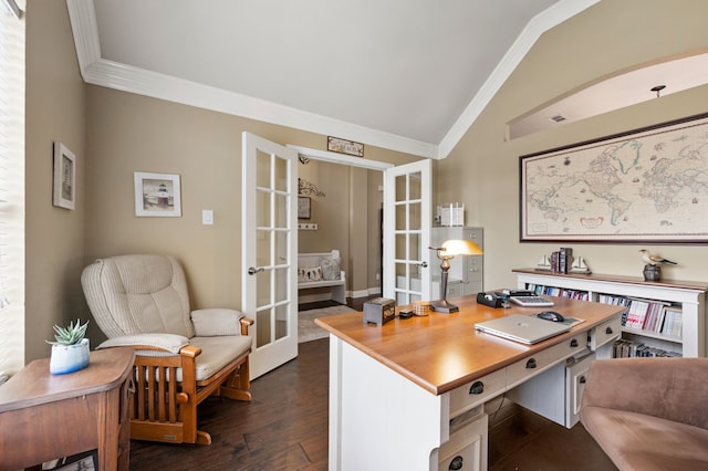 1820 Lacey Oak Ln, Keller, TX 76248 - office space featuring french doors, crown molding, vaulted ceiling, and dark wood-style floors