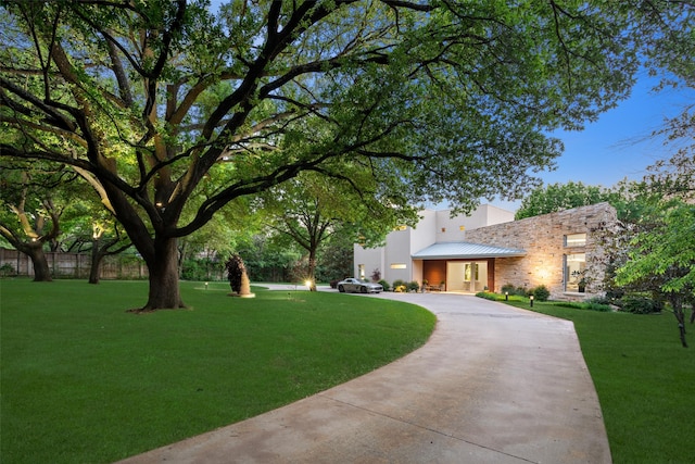 view of front of house featuring driveway, a front lawn, metal roof, and a standing seam roof