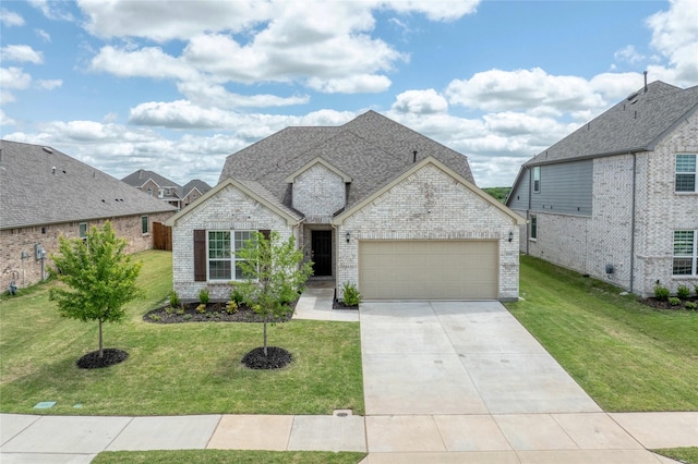 french country home with a garage, a front yard, concrete driveway, and brick siding