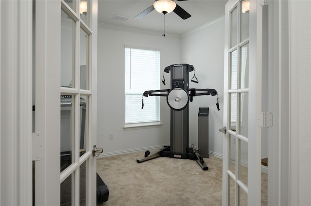 workout area featuring french doors, carpet floors, ornamental molding, healthy amount of natural light, and ceiling fan