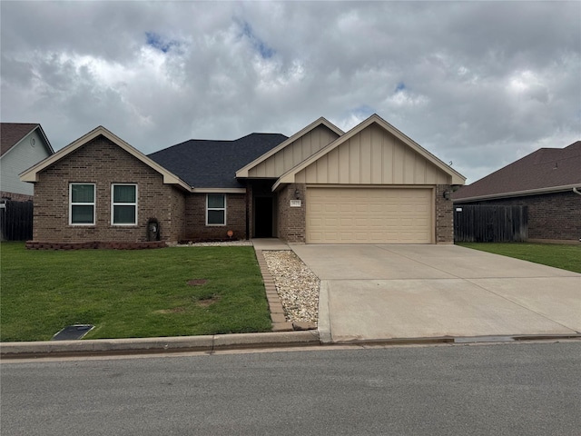single story home with brick siding, board and batten siding, driveway, and a garage