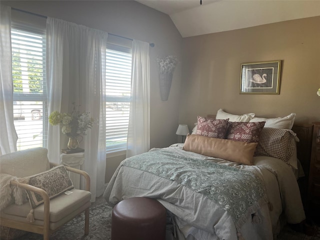 bedroom with multiple windows and vaulted ceiling