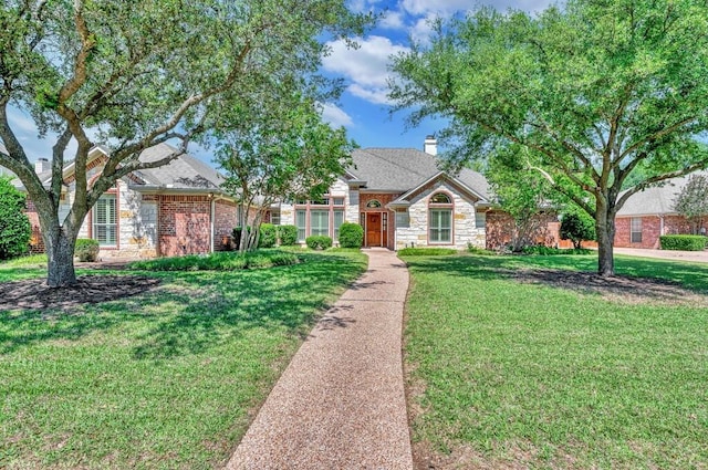 1105 Charing Cross Dr, Waco, TX 76712 - traditional-style house featuring a front yard, stone siding, and a chimney